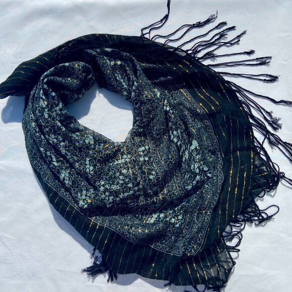 Black and Silver with Gold Metallic Pinstripe Scarf with Fringe - Picture 7 of 7